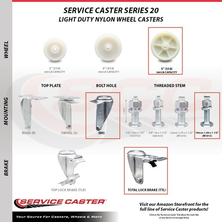 Service Caster 5 Inch SS Nylon Wheel 10mm Threaded Stem Caster Total Lock Brake SCC, 2PK SCC-SSTSTTL20S514-NYS-M1015-2-S-2